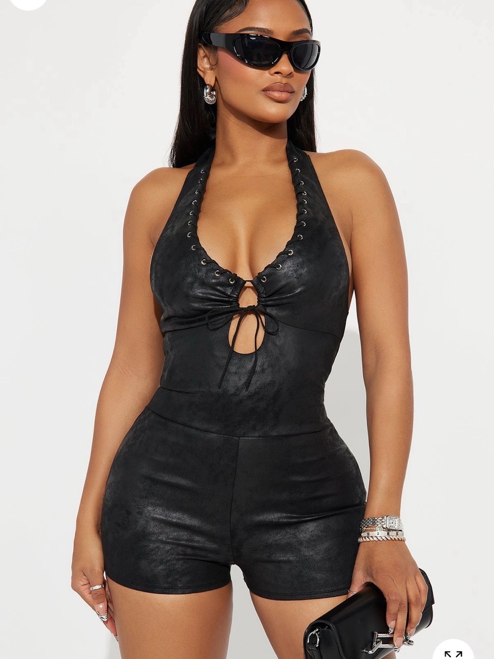 Fashion Nova Black Halter Lace-Up Faux-Leather Romper